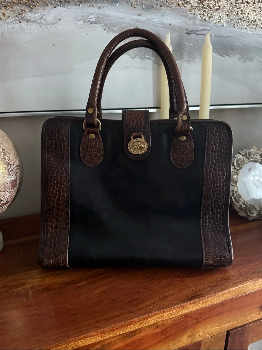 Vintage Brahmin Tuscan Collection Black & Brown Croc Embossed Leather Satchel